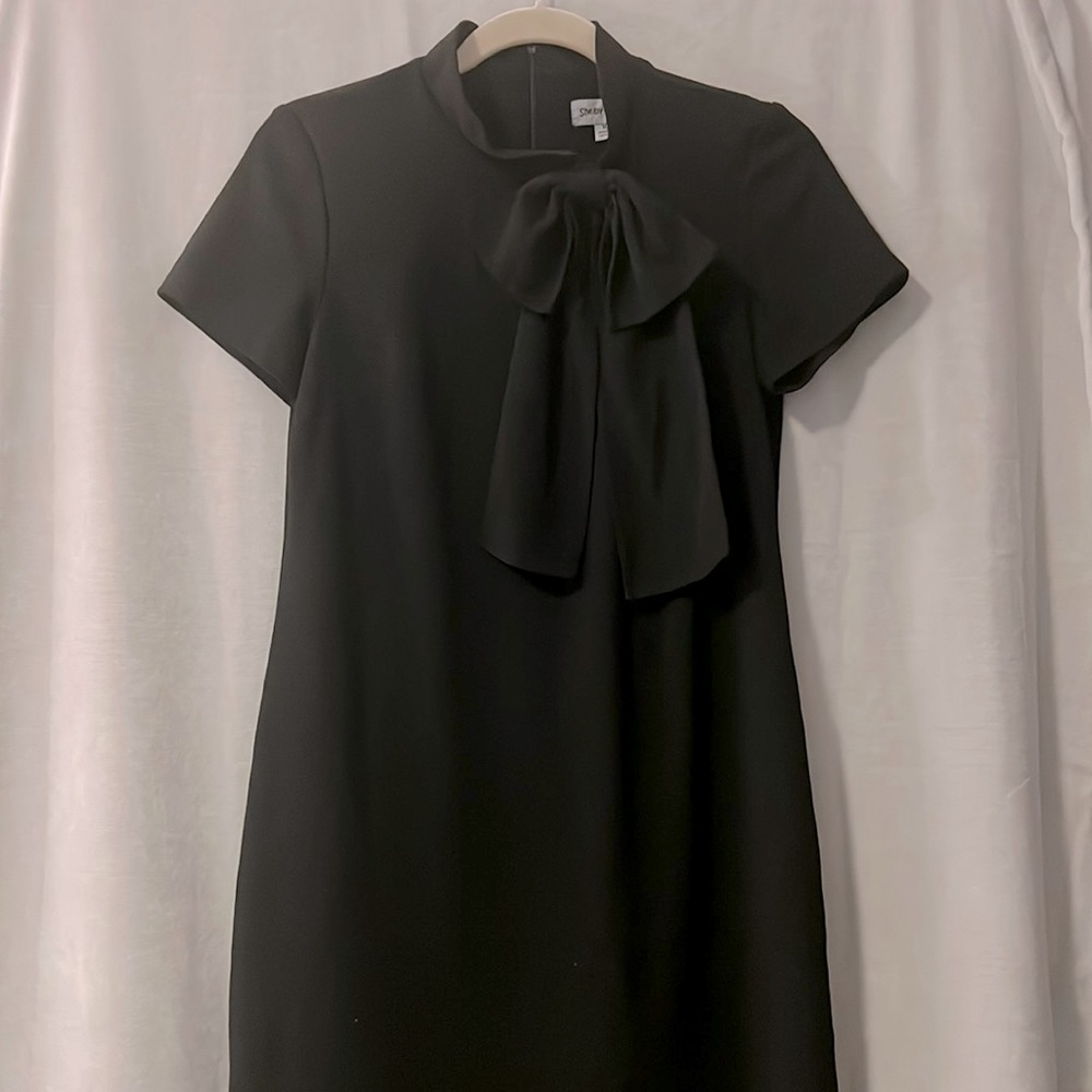 High Neck, Big Bow, Black Cap Sleeve Dress - Size 10